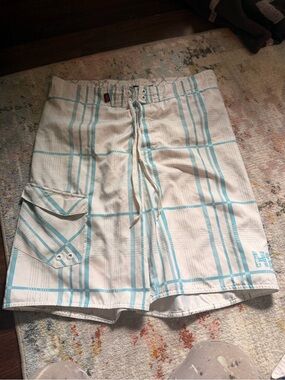 Tony Hawk White Swim Shorts with Teal Stripes